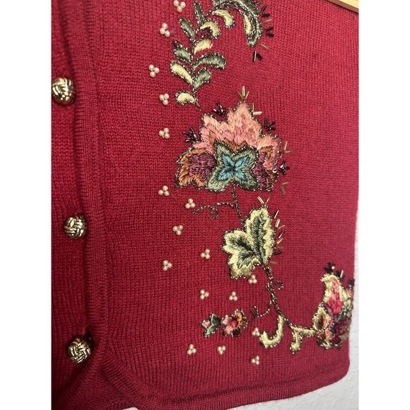 Susan Bristol Vintage 90s Red Wool Christmas Sweater Embroidered Beaded Medium - Picture 6 of 12